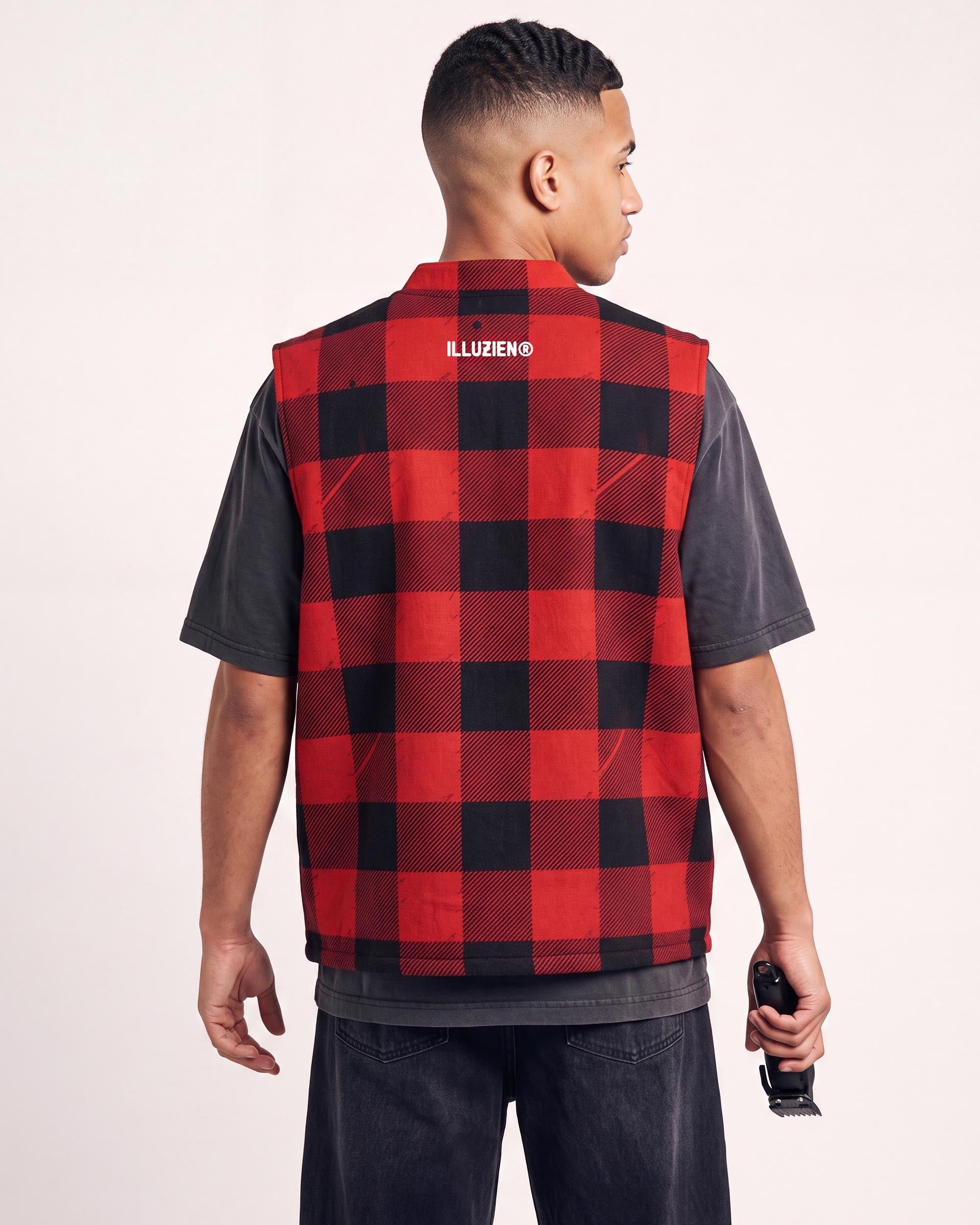 Flannel Sleeveless Barber Jacket - back view