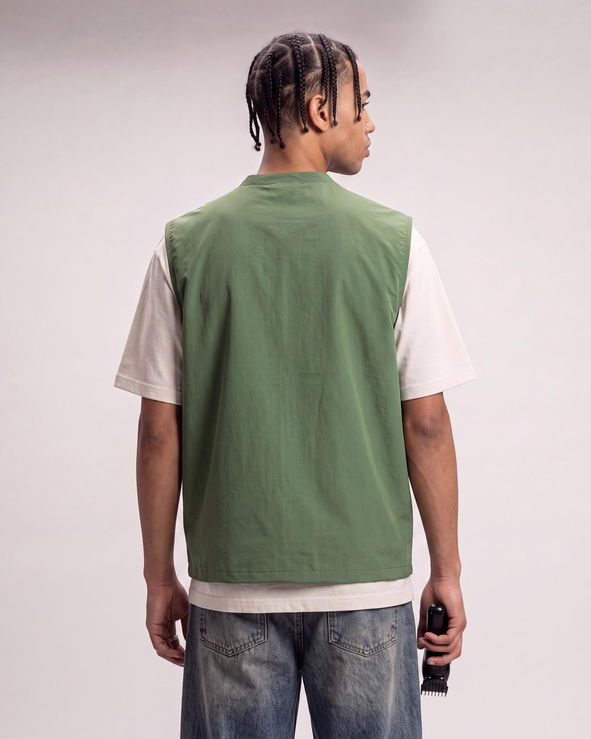 Moss Sleeveless Barber Jacket - back view