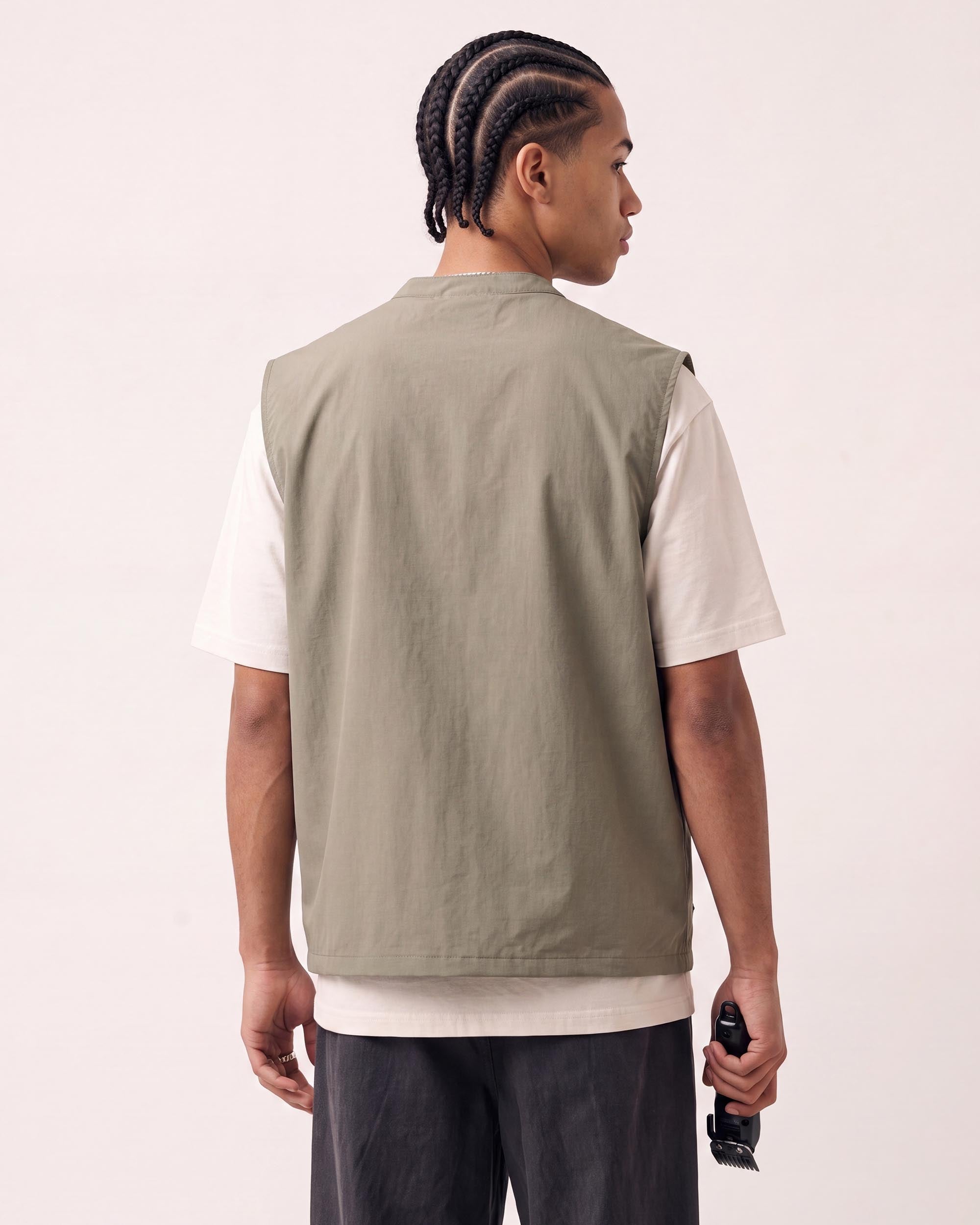 Light Olive Sleeveless Barber Jacket - back view