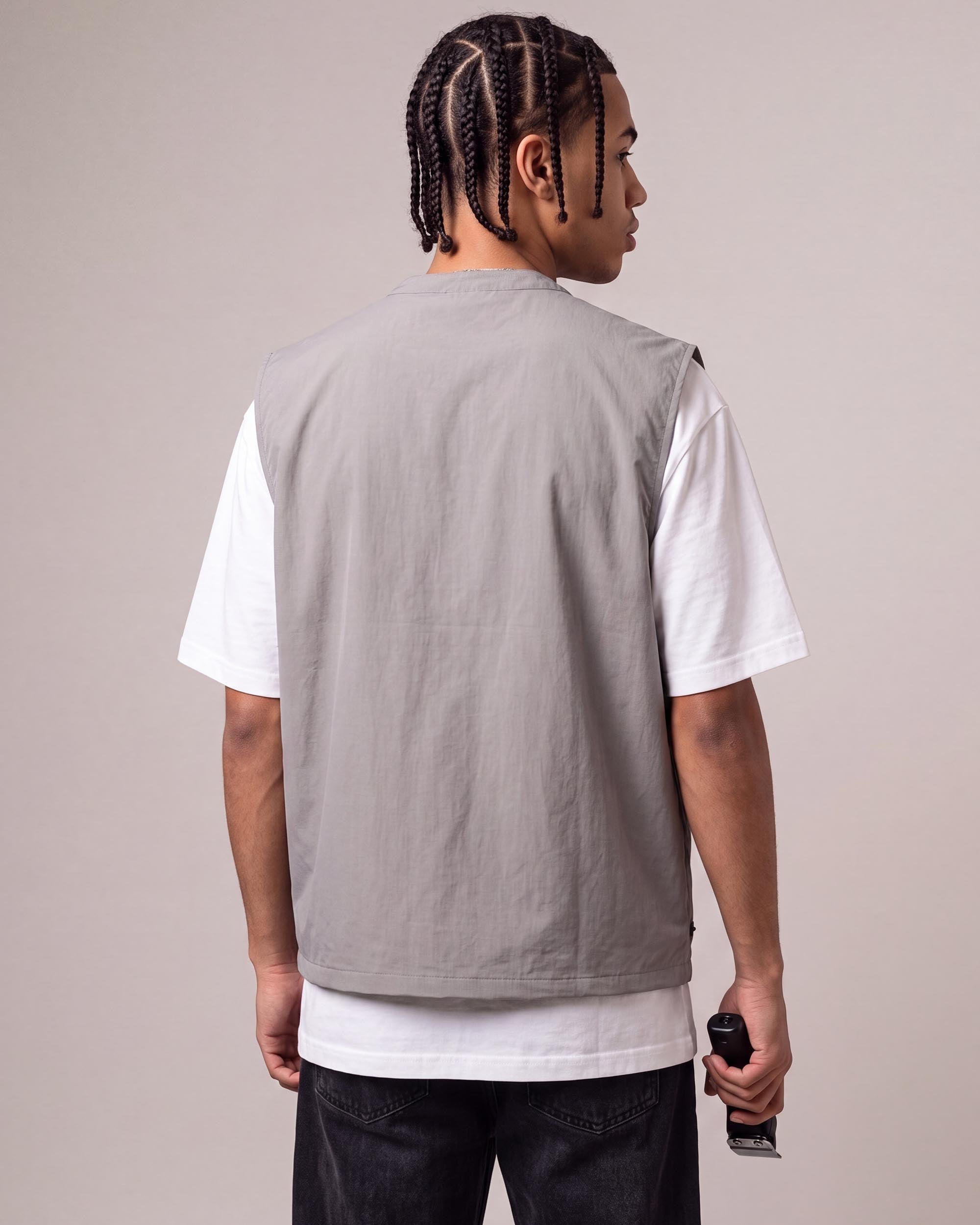Battleship Grey Sleeveless Barber Jacket - back view