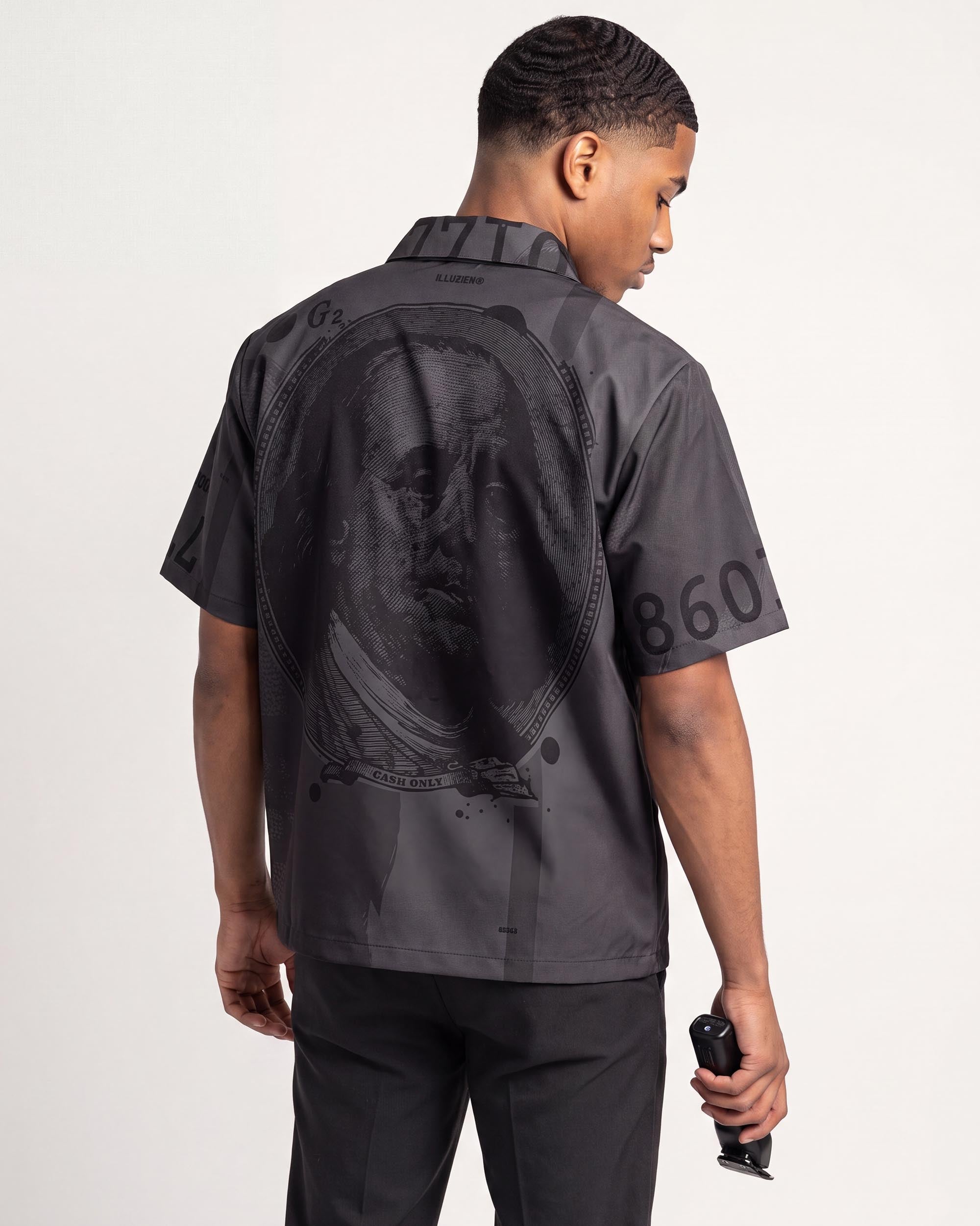 $100 Bill Blackout Traditional Barber Jacket - back view