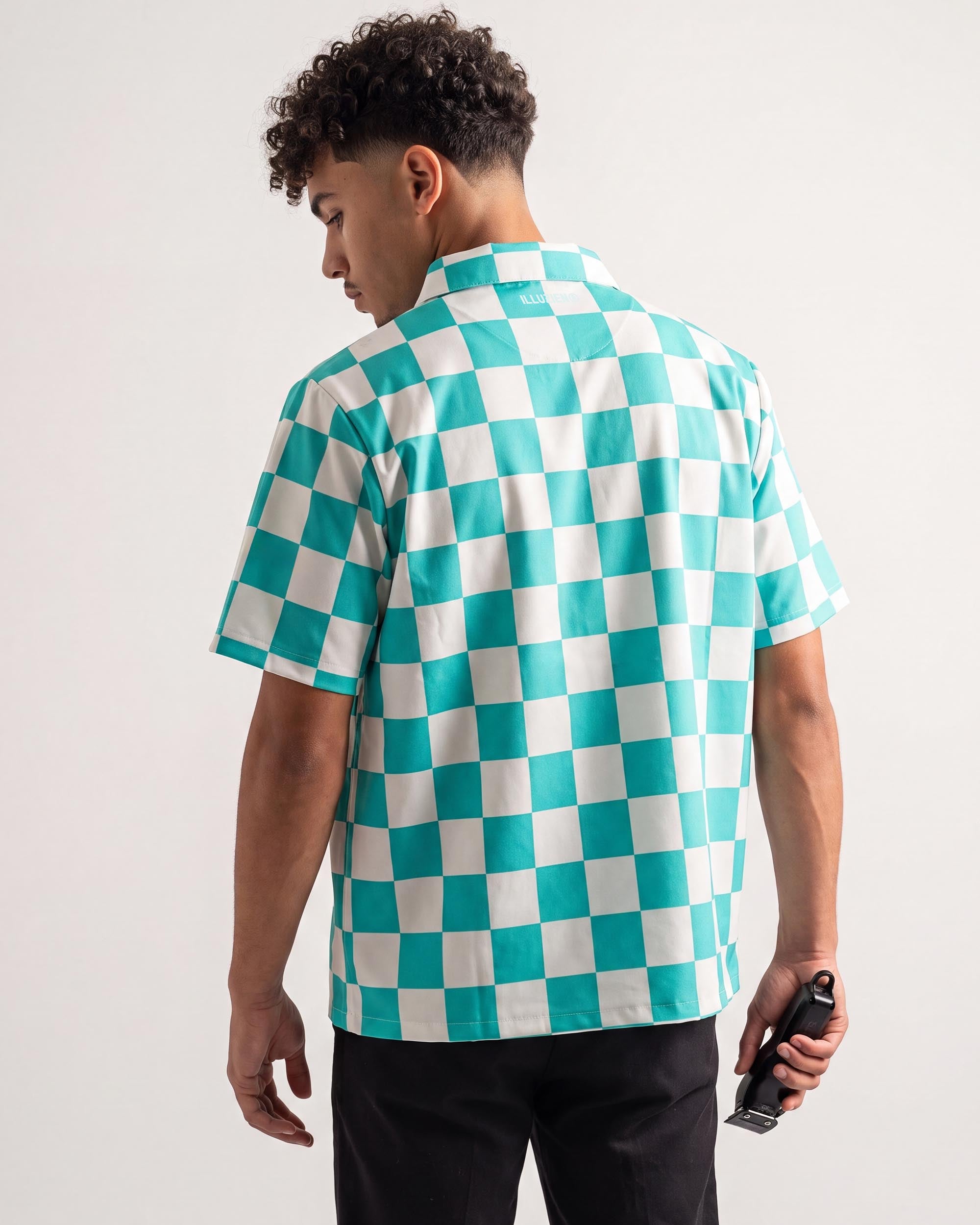 Aquamarine Checker Traditional Barber Jacket - back view