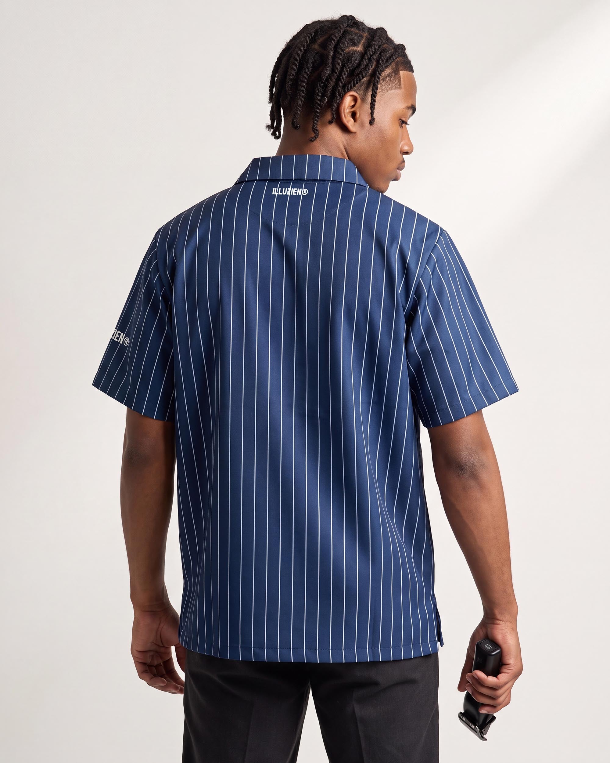 Navy Pinstripe Traditional Barber Jacket - back view