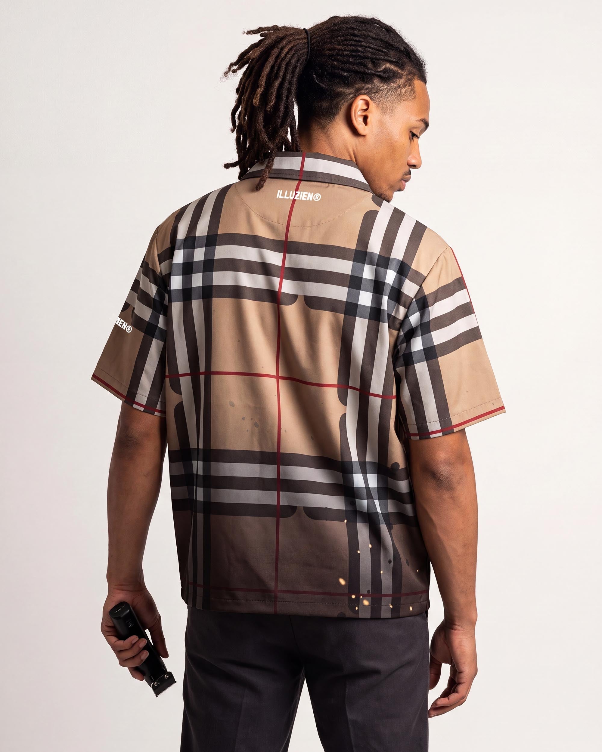Tan Plaid Traditional Barber Jacket - back view