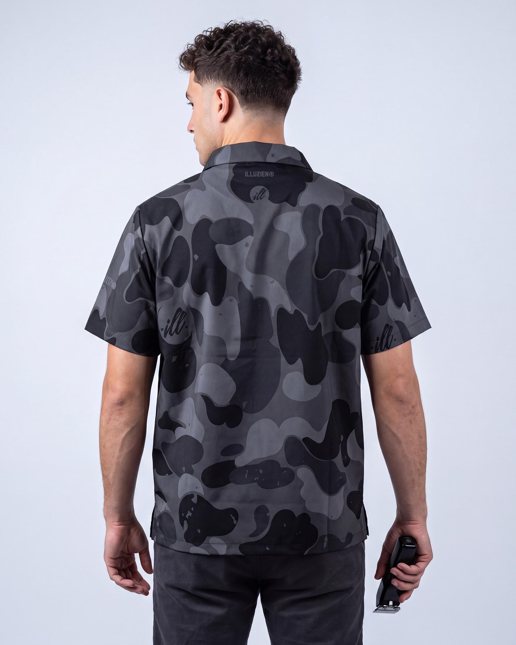 Black Camo Traditional Barber Jacket - back view