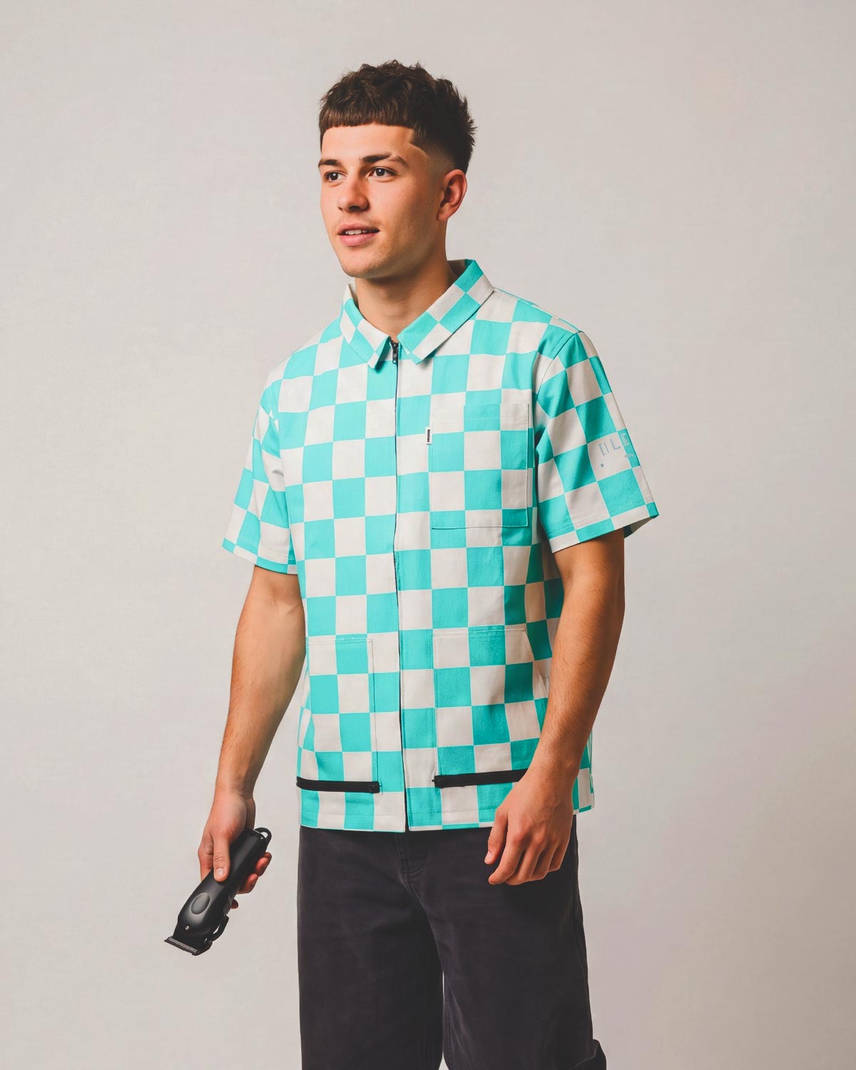 Aquamarine Checker Traditional Barber Jacket