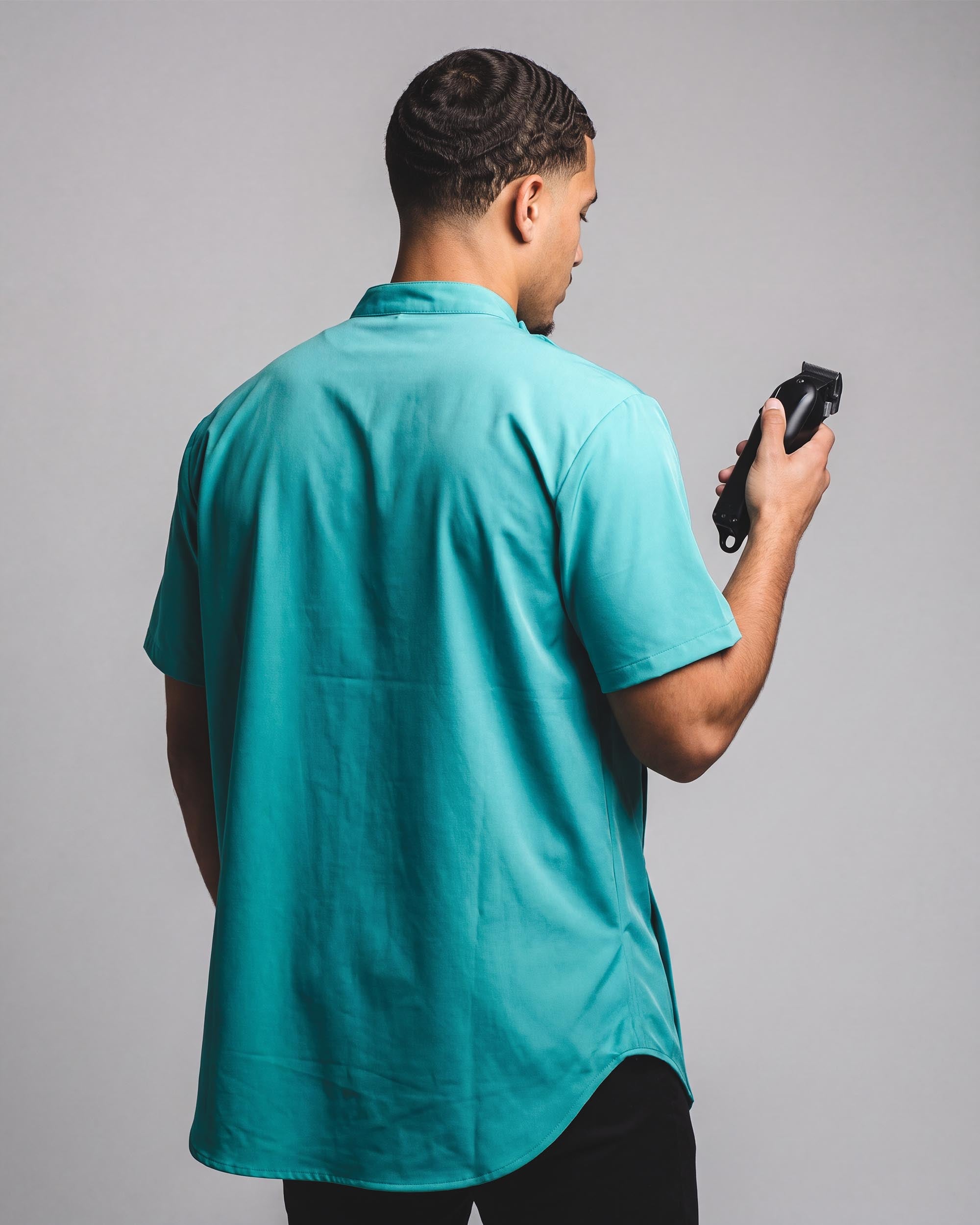 Azur Green Scoop Bottom Barber Smock - back