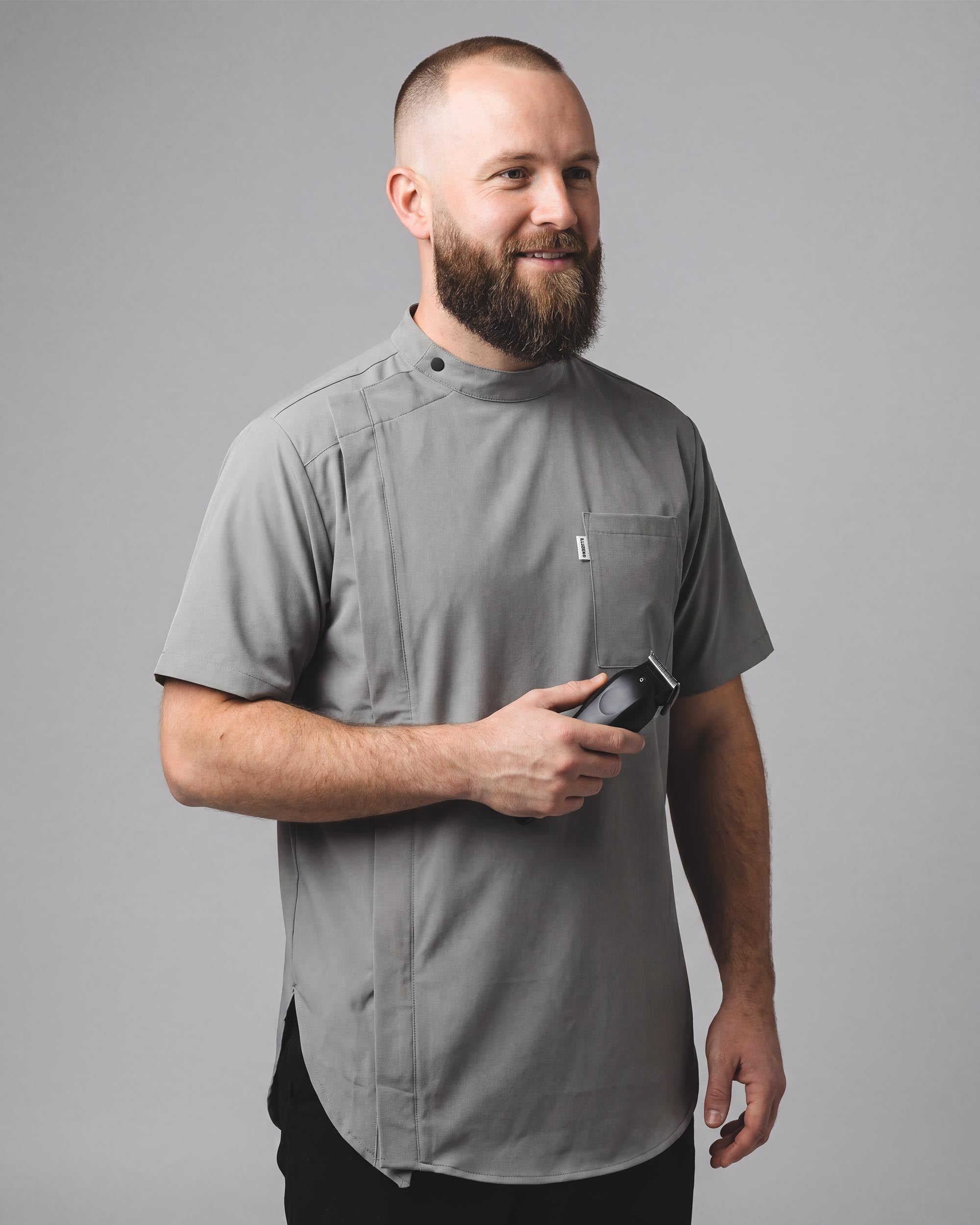 Battleship Grey Scoop Bottom Barber Smock - front