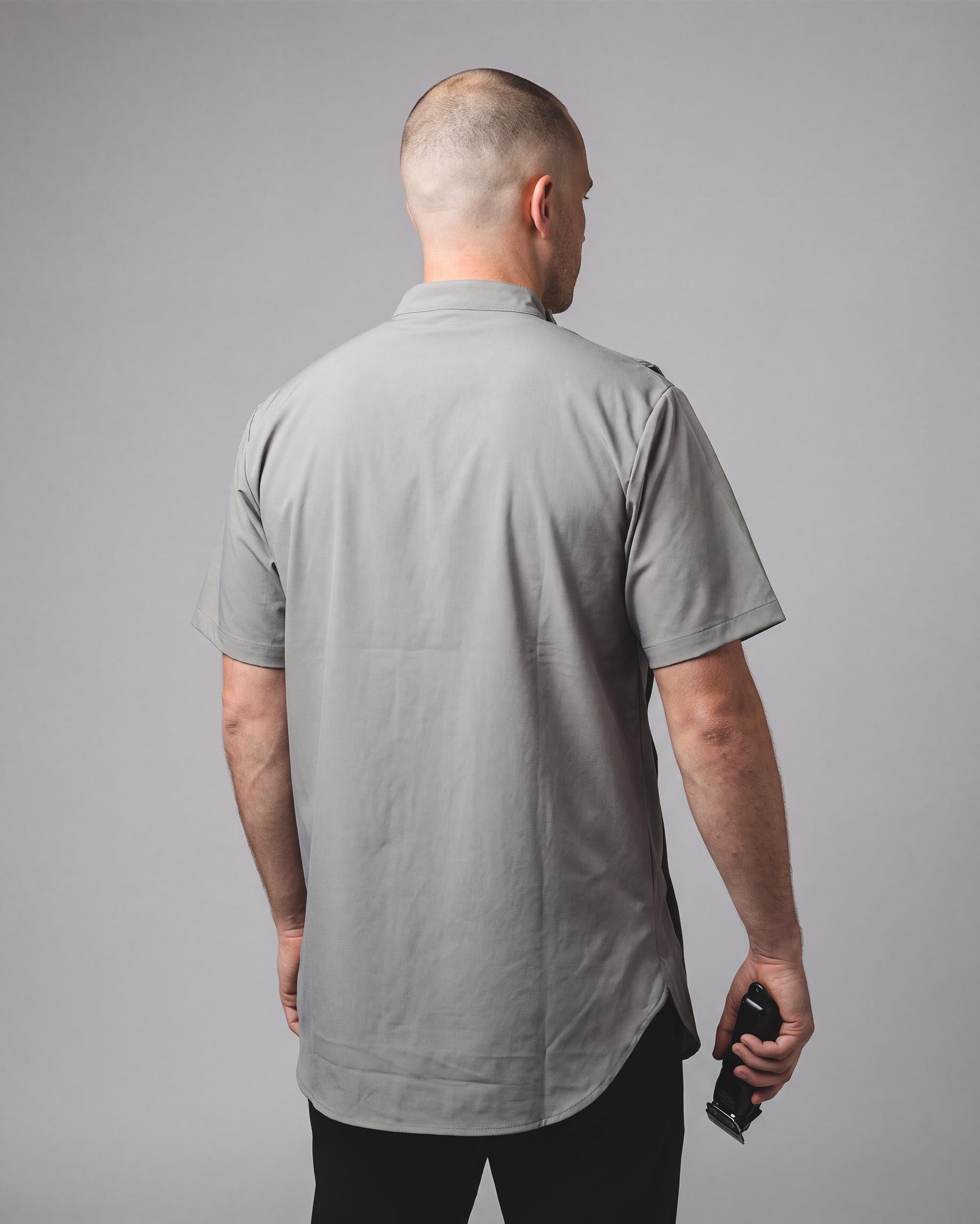 Battleship Grey Scoop Bottom Barber Smock - back