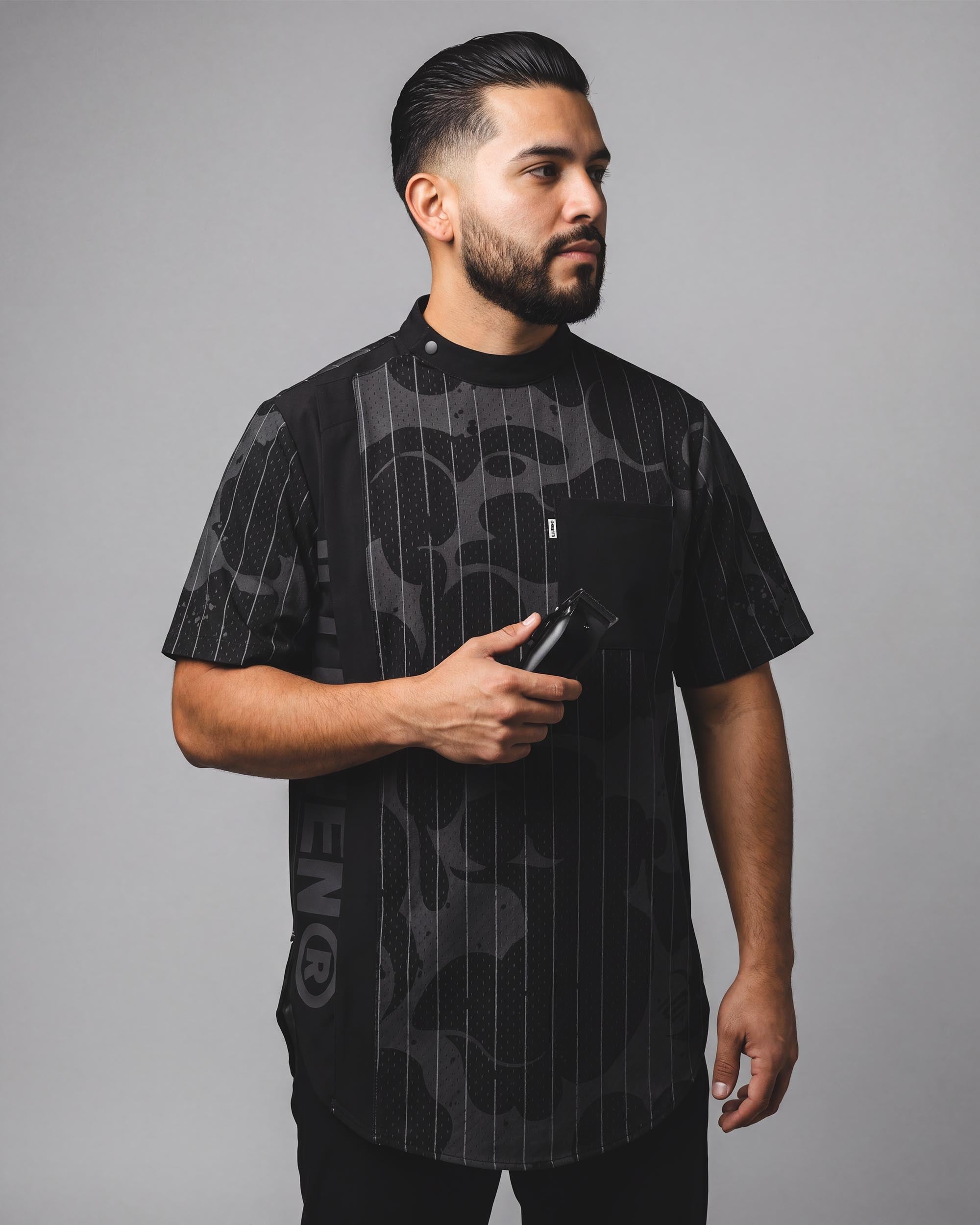 Black Camo Pinstripe Scoop Bottom Barber Smock - front