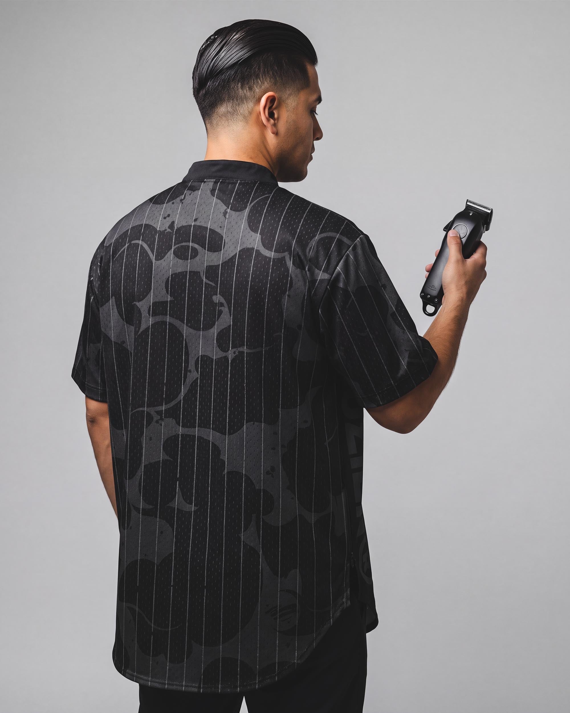 Black Camo Pinstripe Scoop Bottom Barber Smock - back