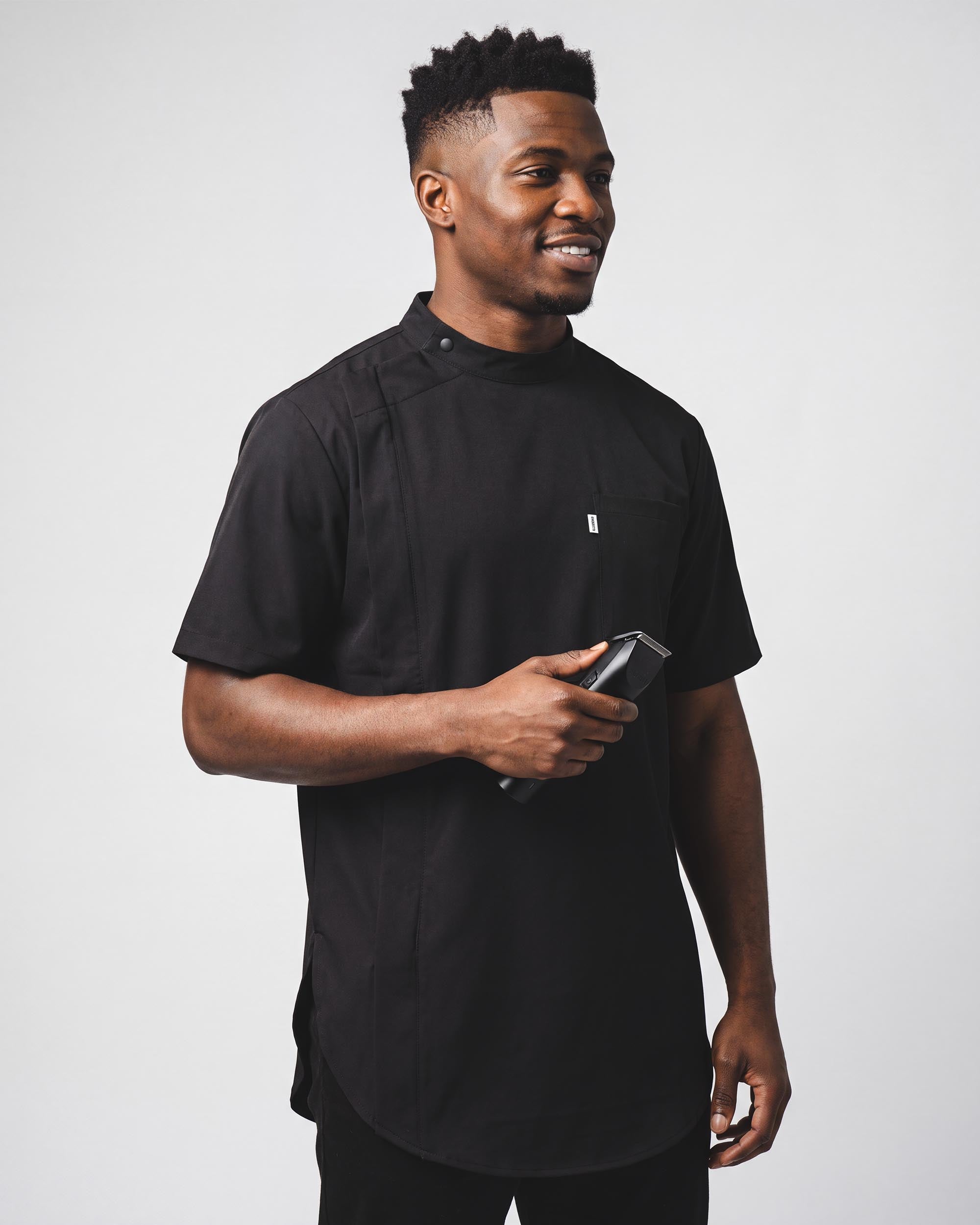 Black Scoop Bottom Barber Smock - front