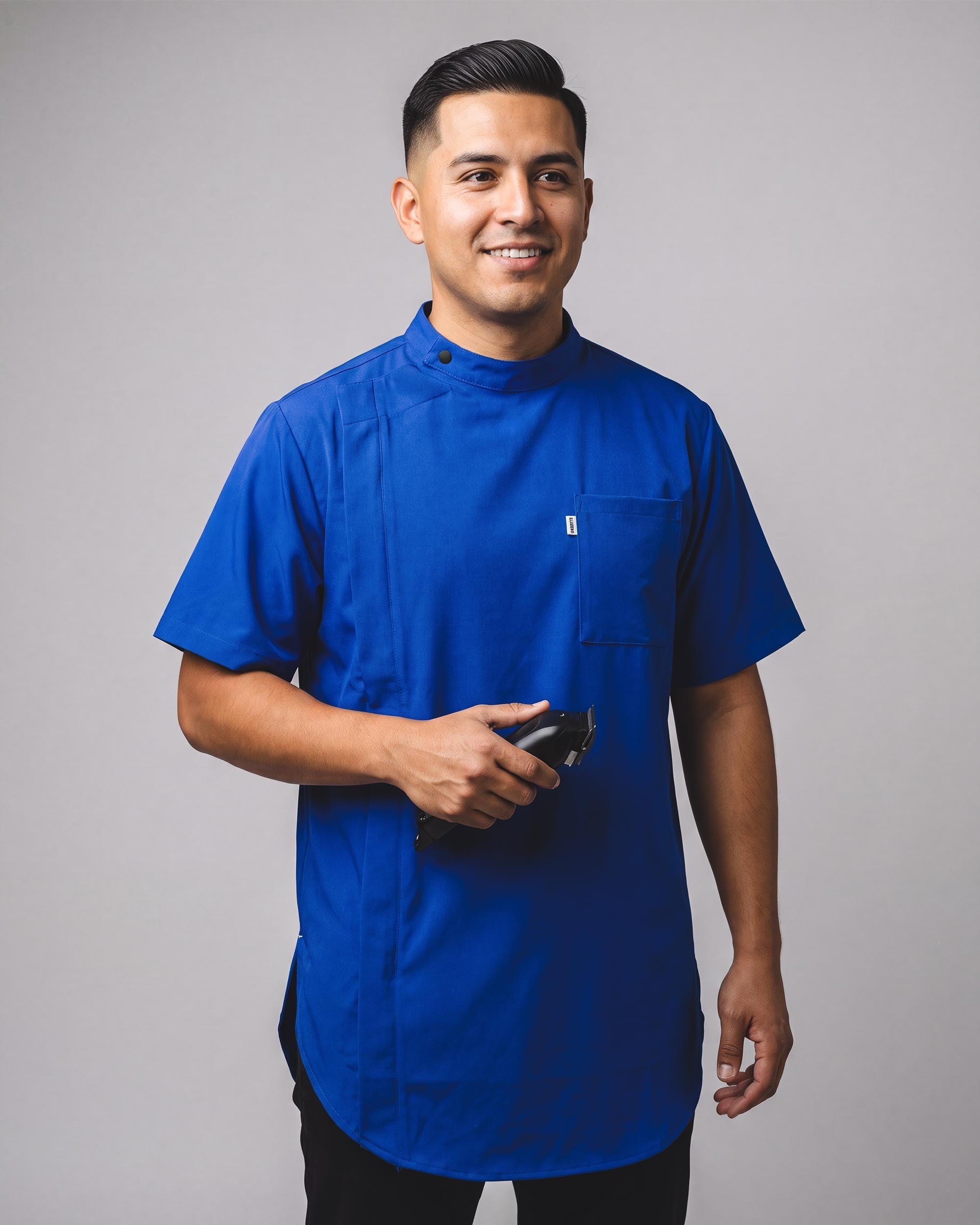 Cobalt Blue Scoop Bottom Barber Smock - front
