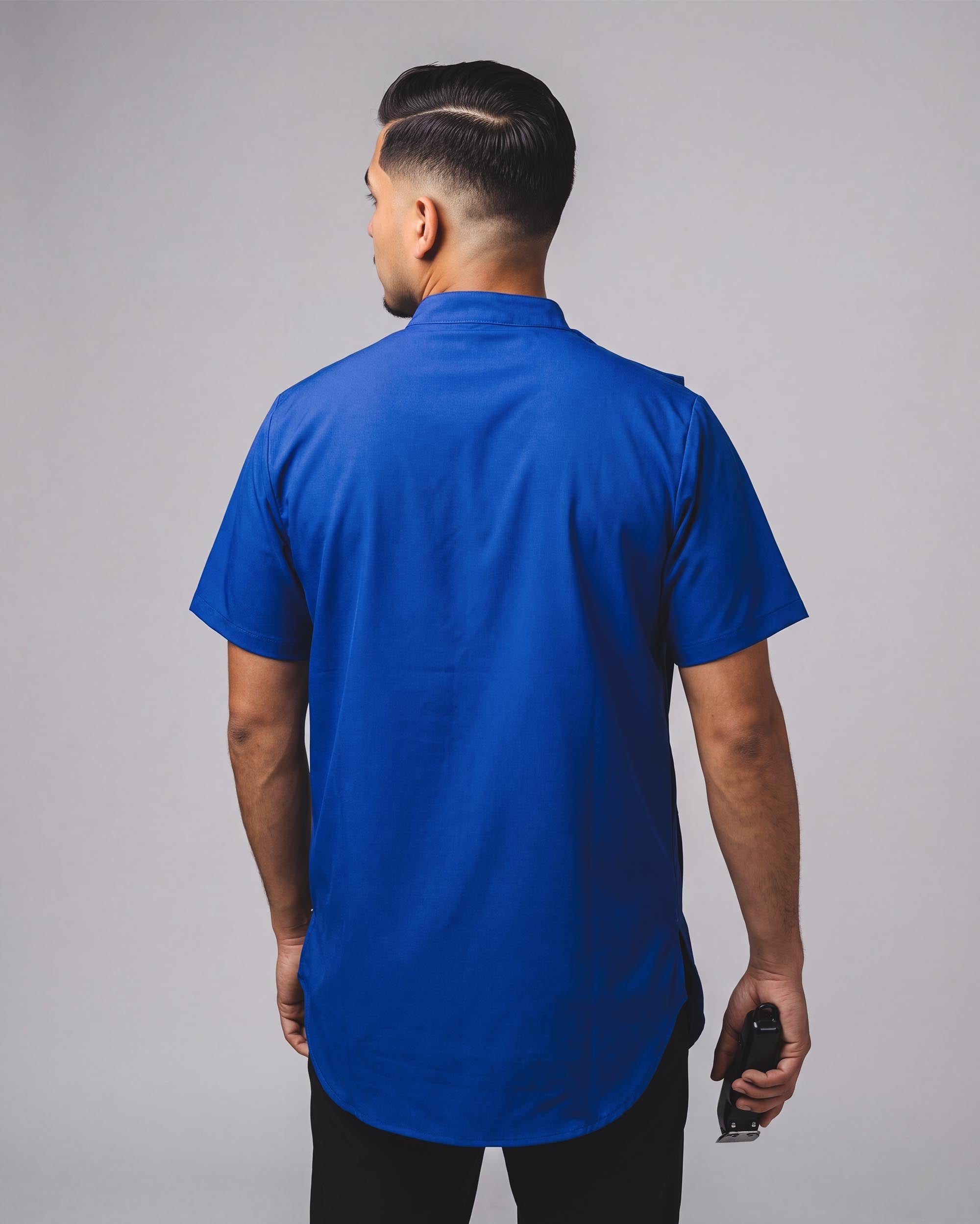 Cobalt Blue Scoop Bottom Barber Smock - back