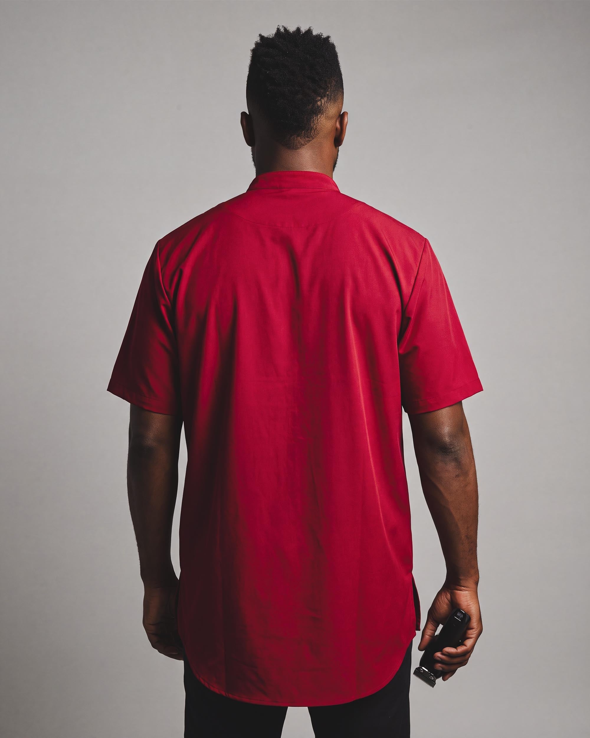 Crimson Scoop Bottom Barber Smock - back