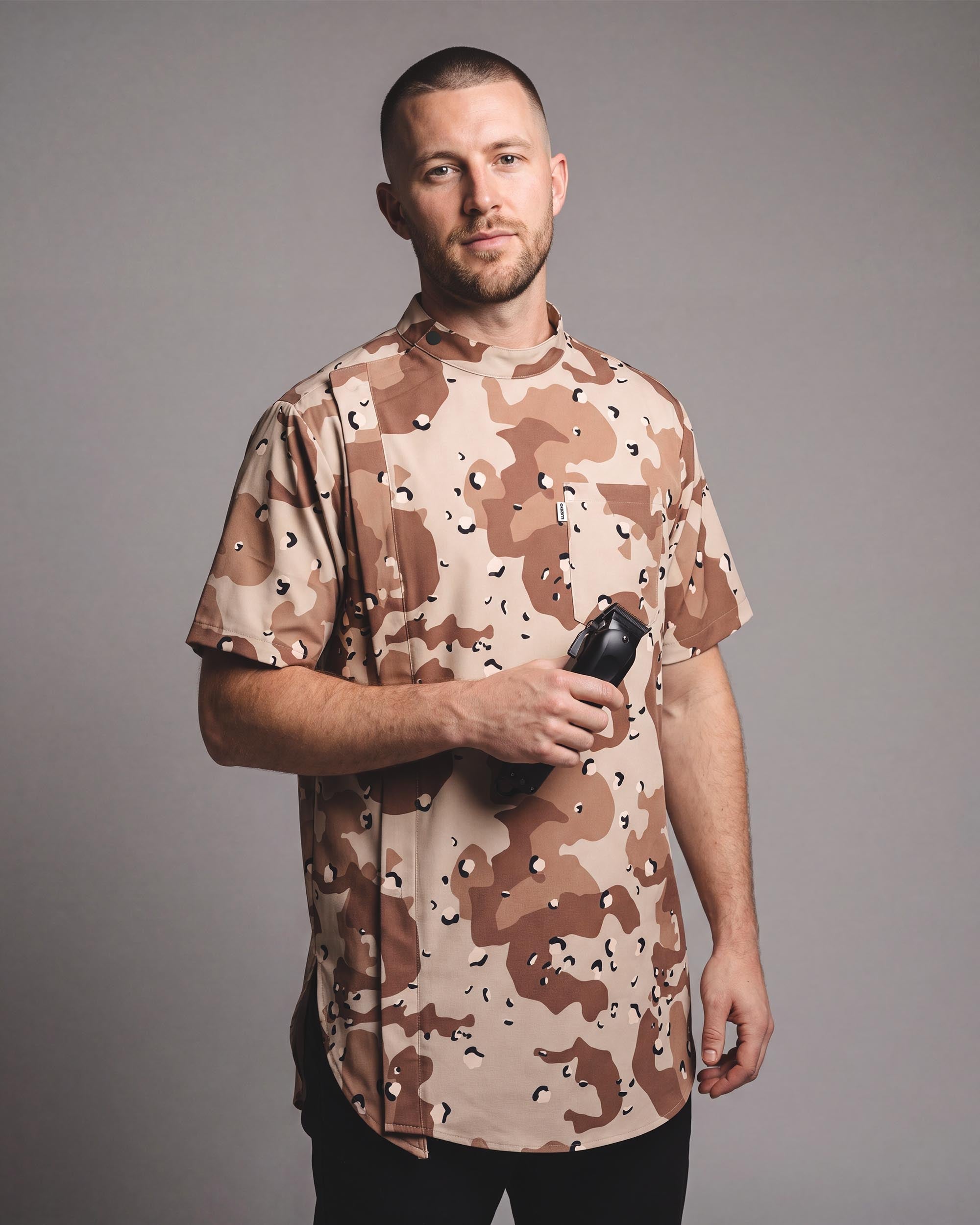 Desert Storm Camo Scoop Bottom Barber Smock - front