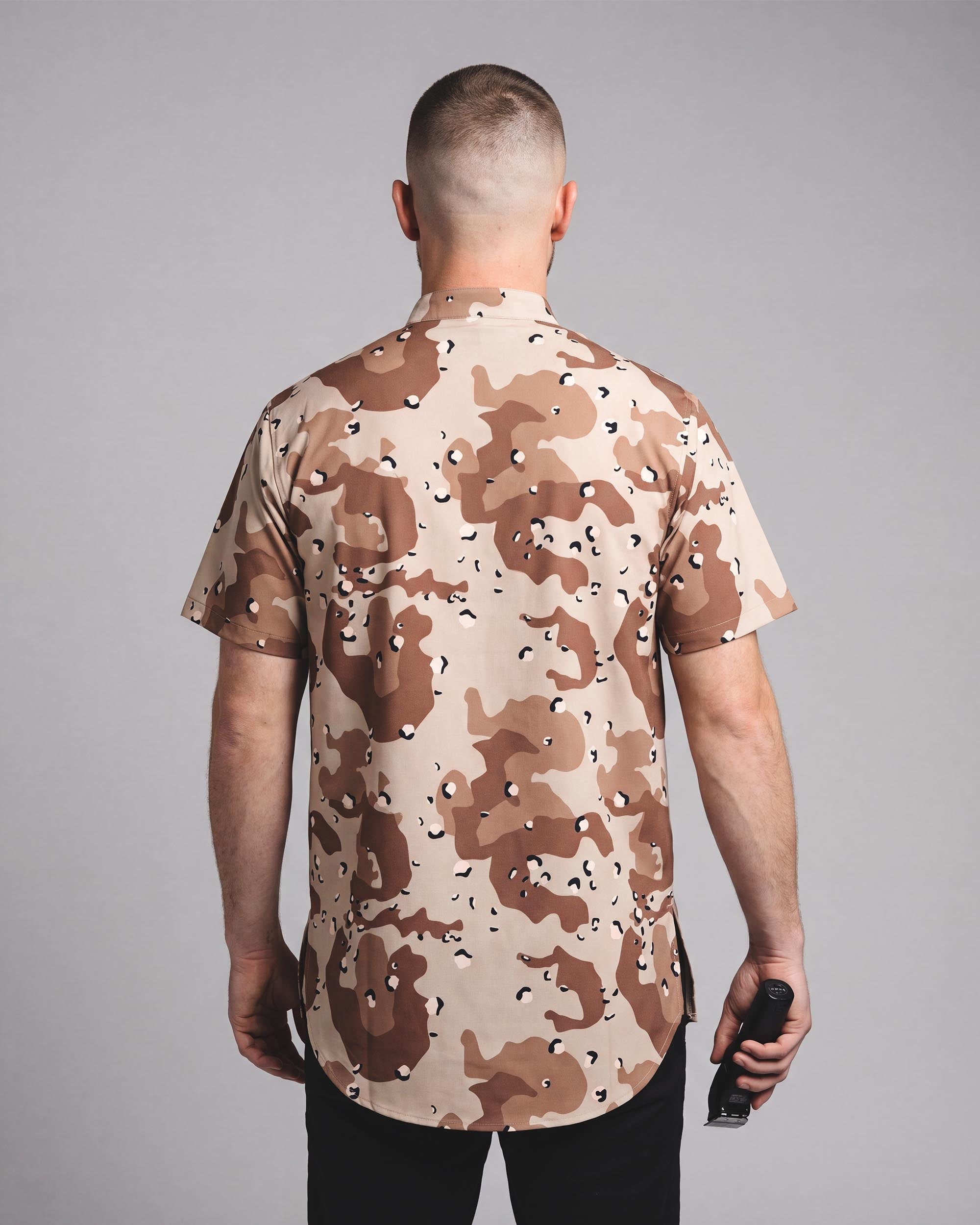 Desert Storm Camo Scoop Bottom Barber Smock - back