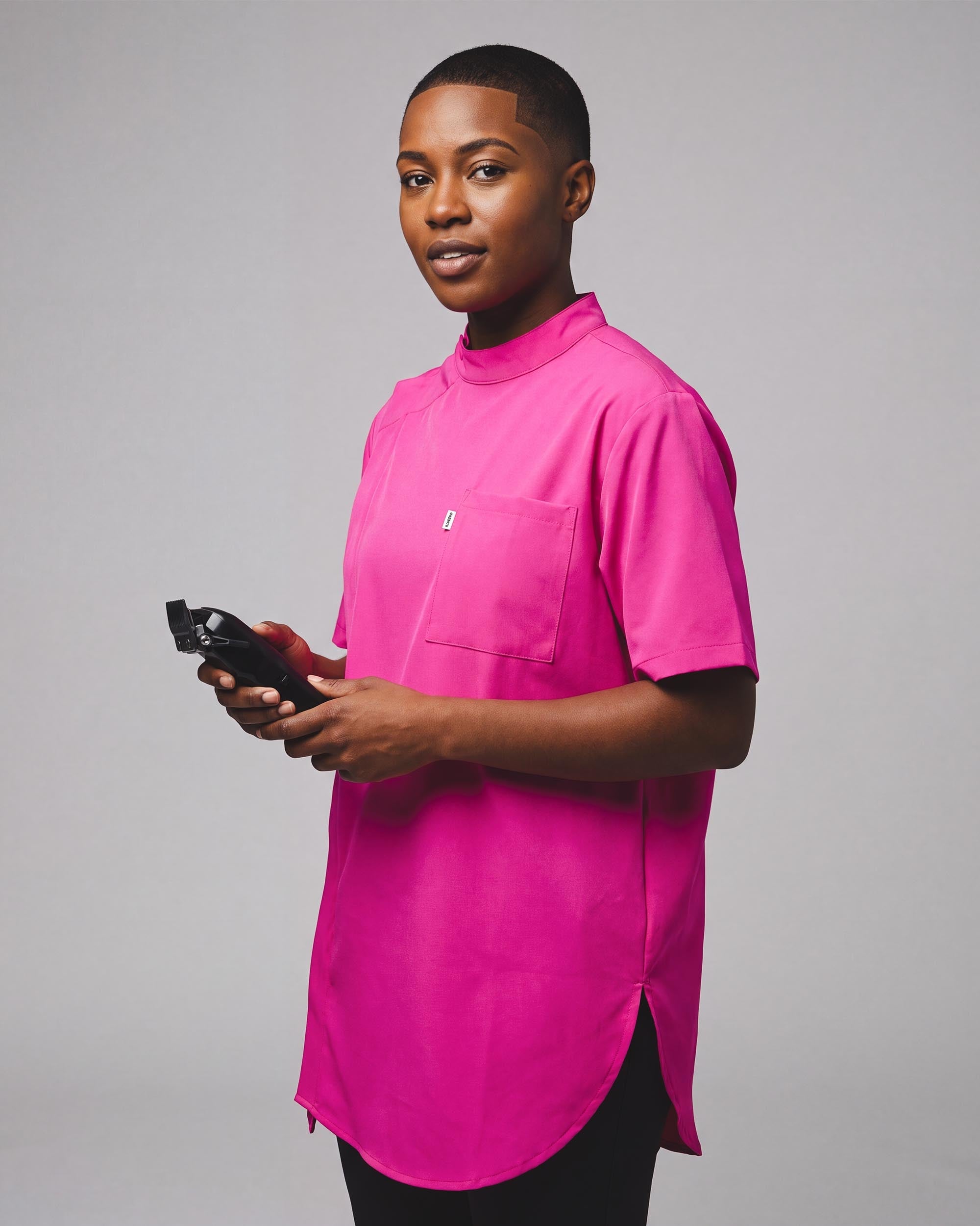 Electric Pink Scoop Bottom Barber Smock - front