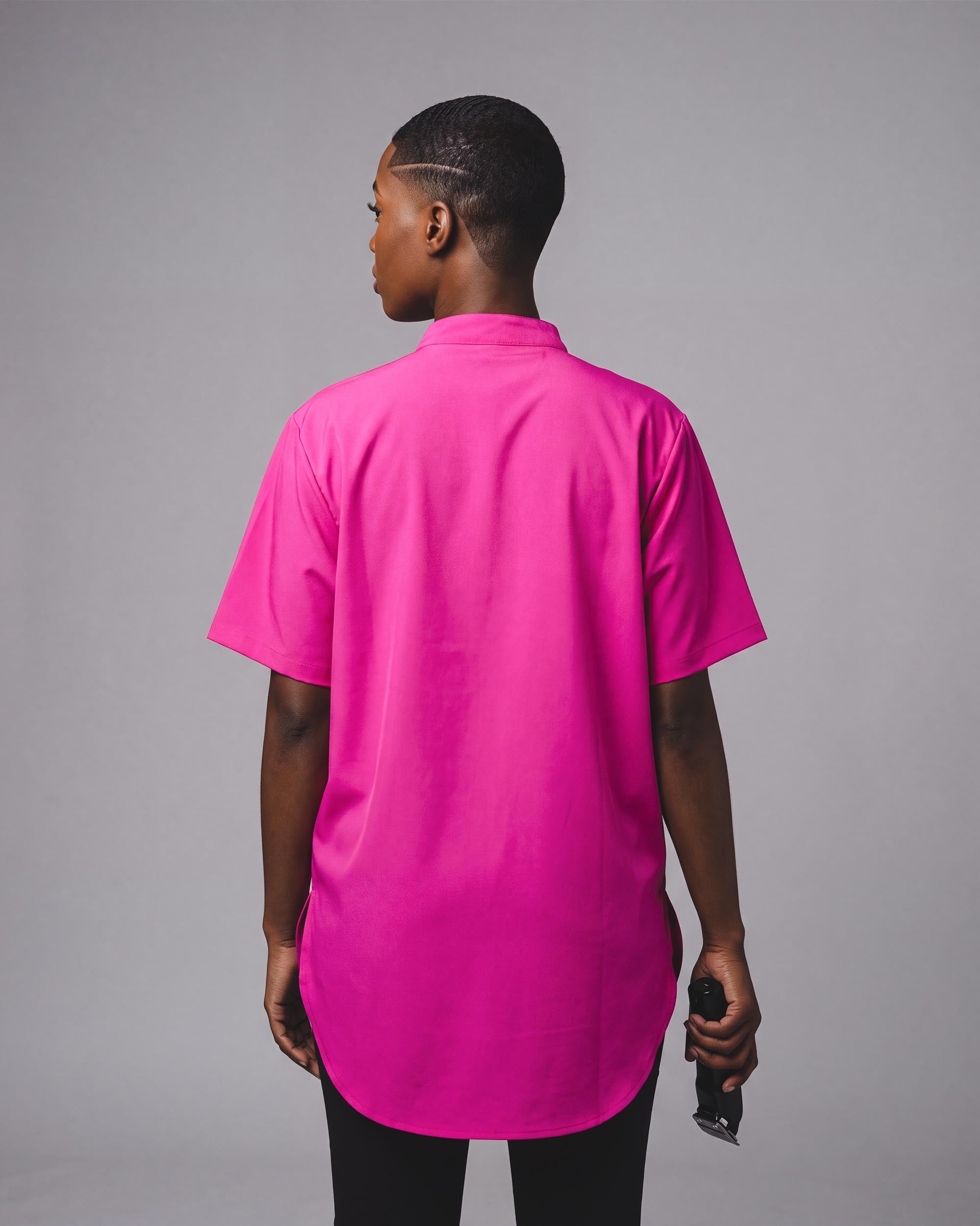 Electric Pink Scoop Bottom Barber Smock - back