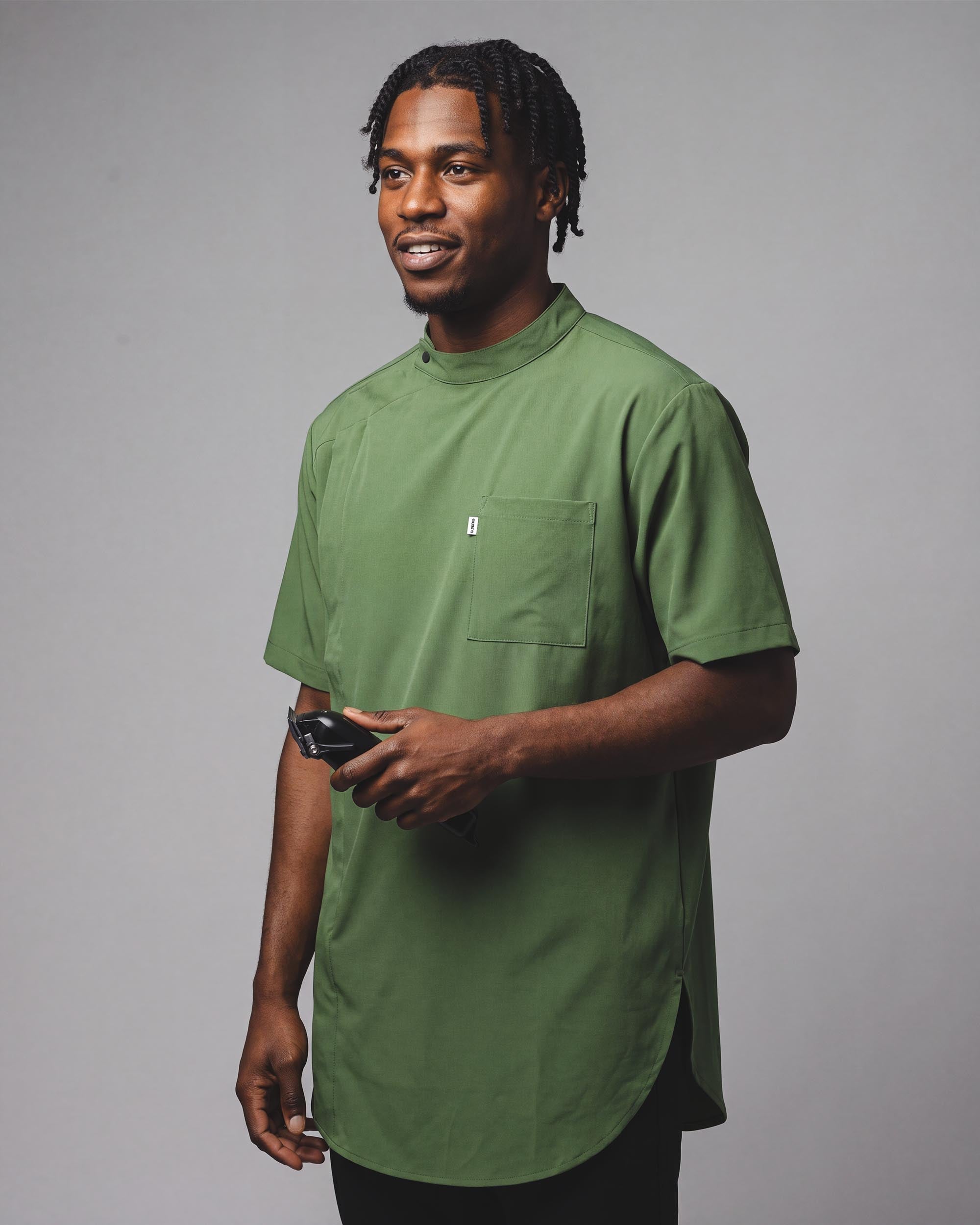 Moss Scoop Bottom Barber Smock - front