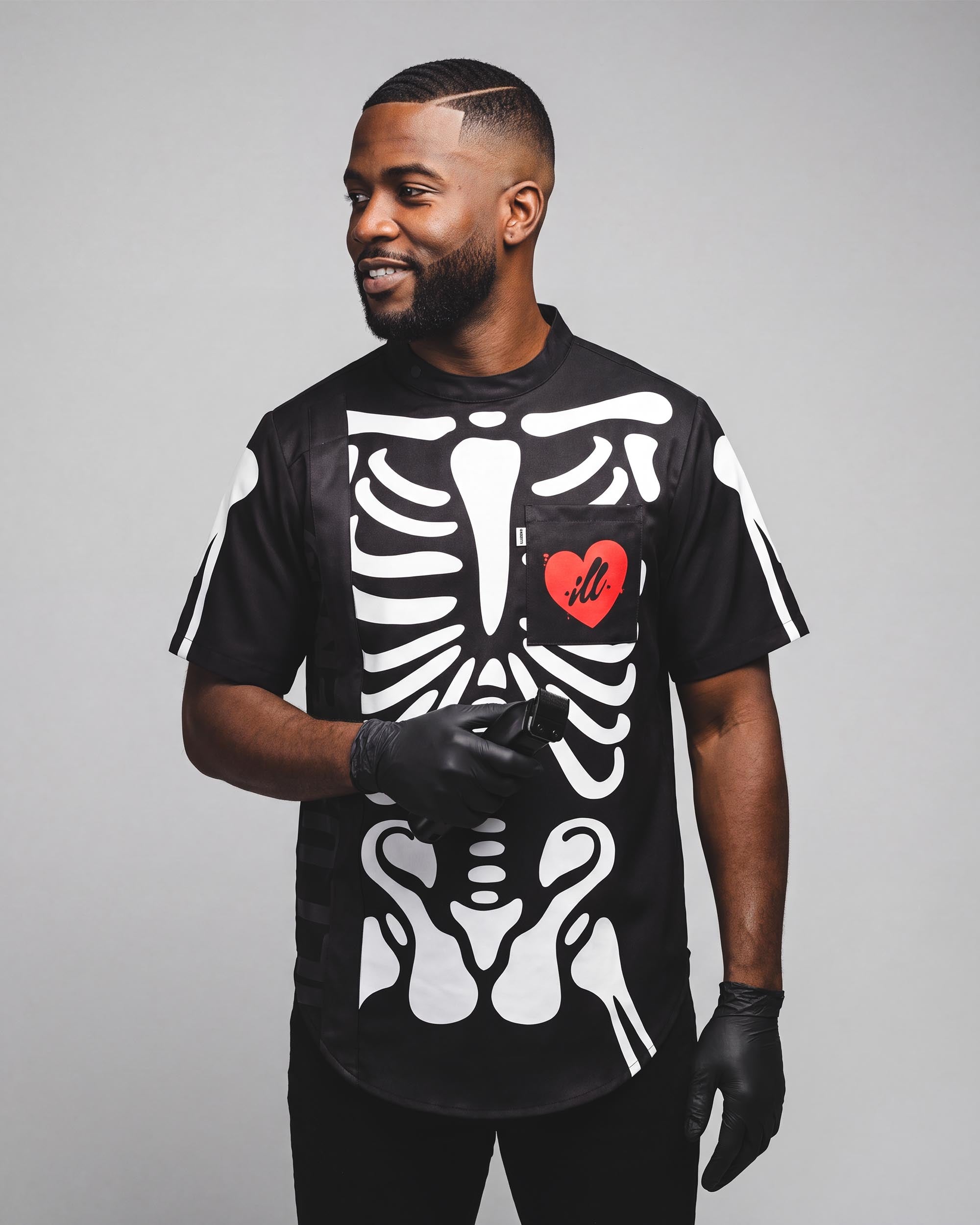 Skeleton Scoop Bottom Barber Smock - front