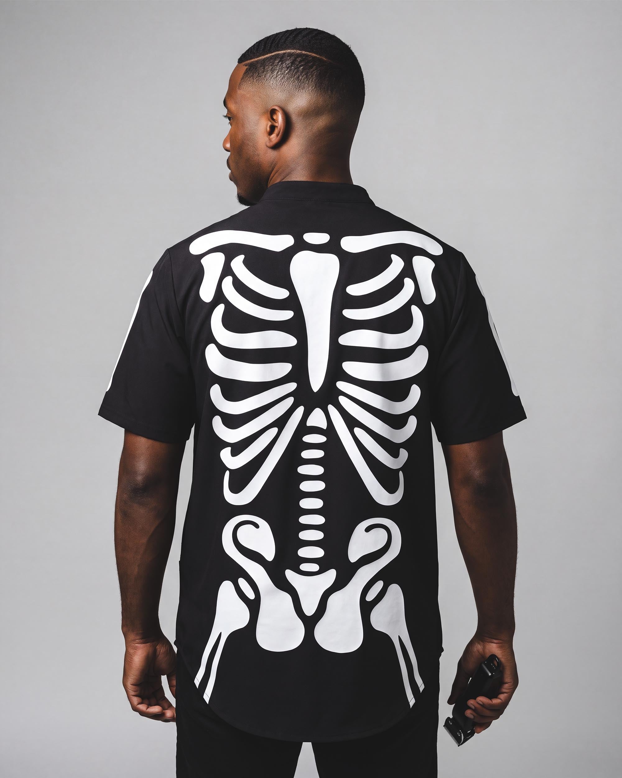 Skeleton Scoop Bottom Barber Smock - back