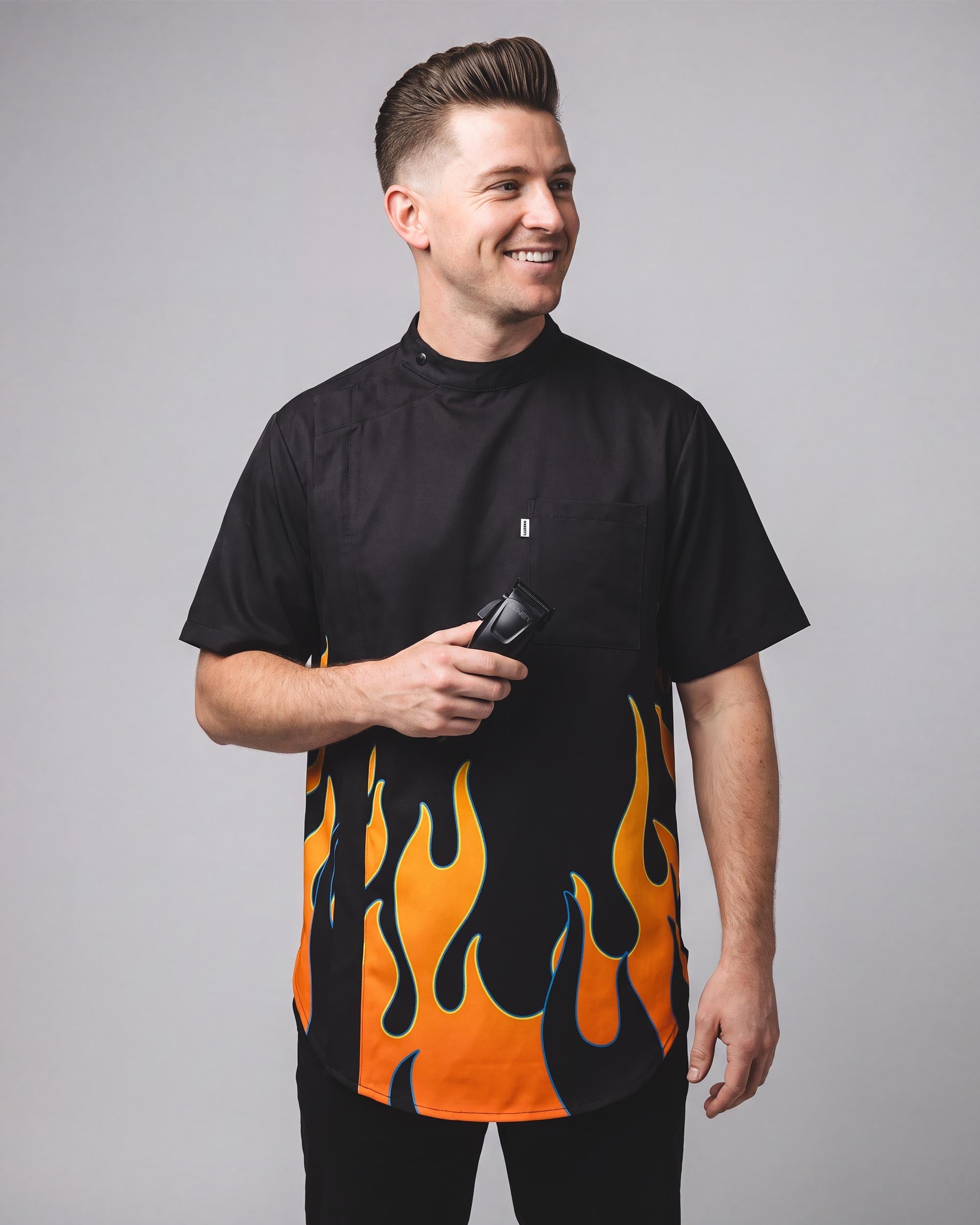 Vintage Flames Scoop Bottom Barber Smock - front