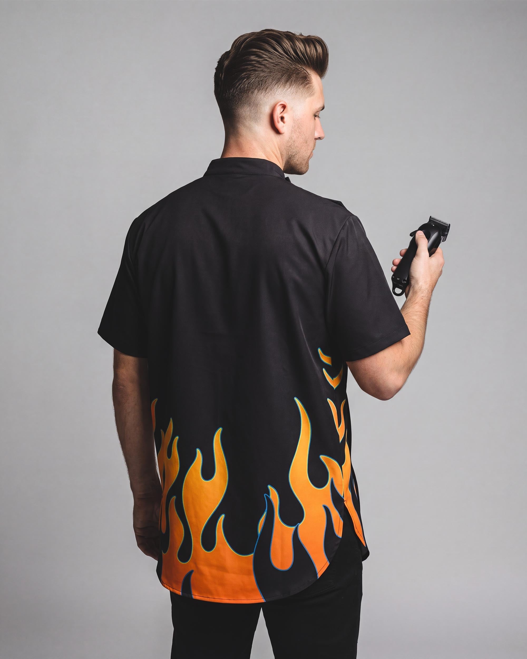 Vintage Flames Scoop Bottom Barber Smock - back