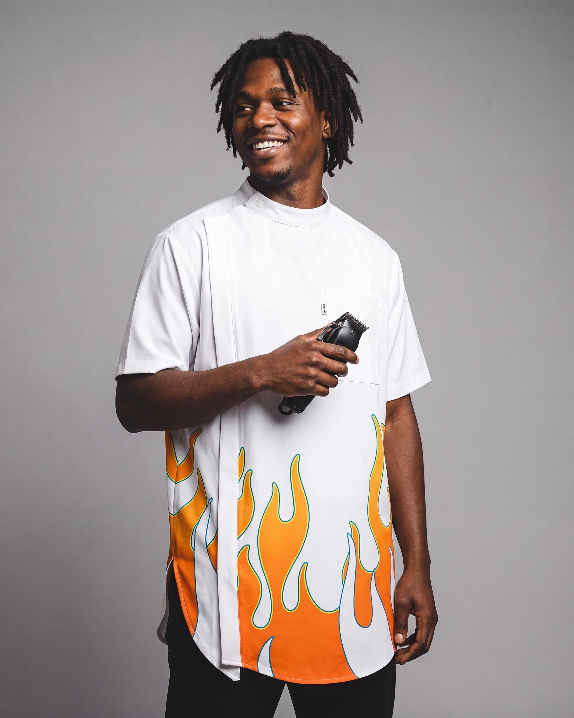 White Vintage Flames Scoop Bottom Barber Smock - front