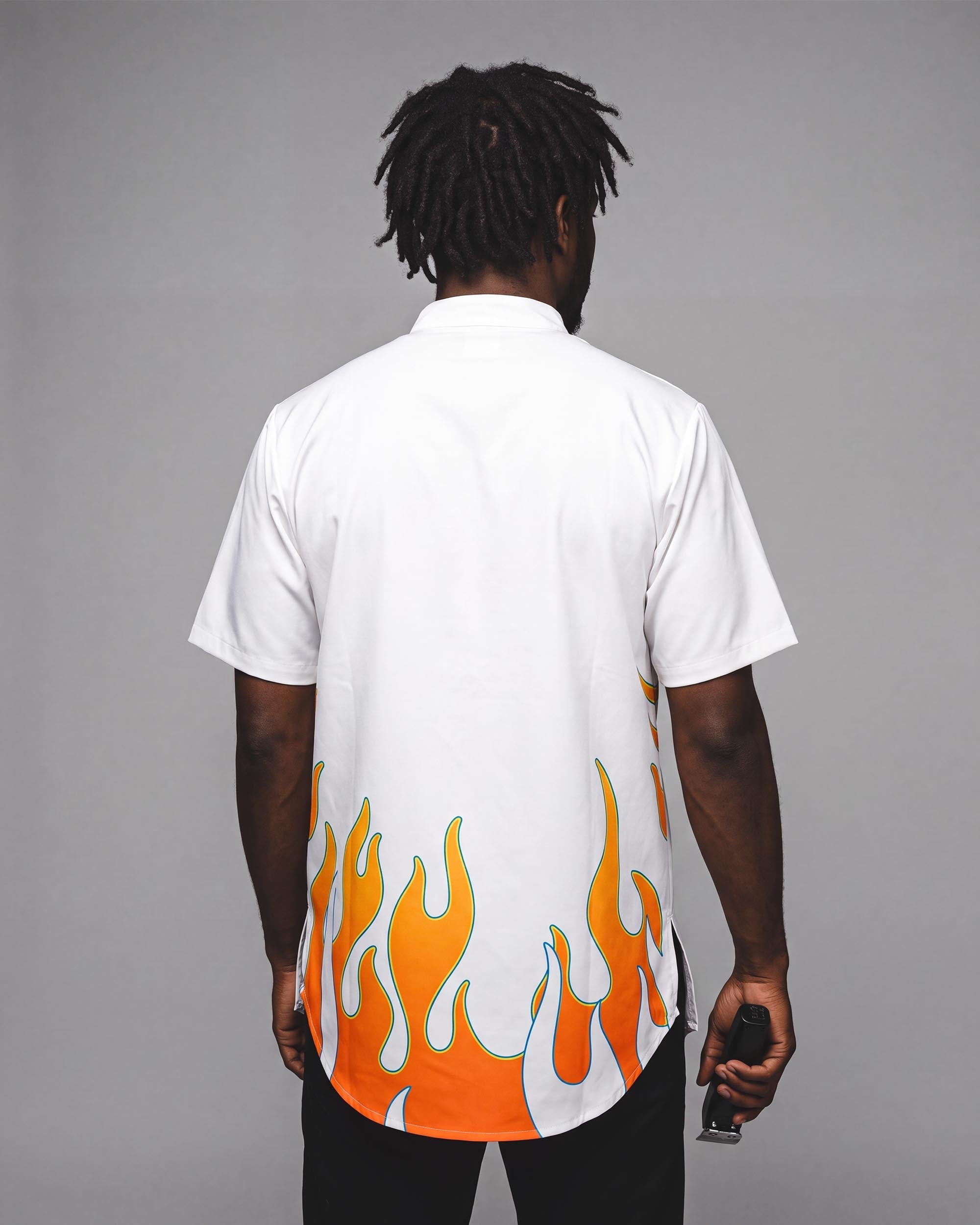 White Vintage Flames Scoop Bottom Barber Smock - back