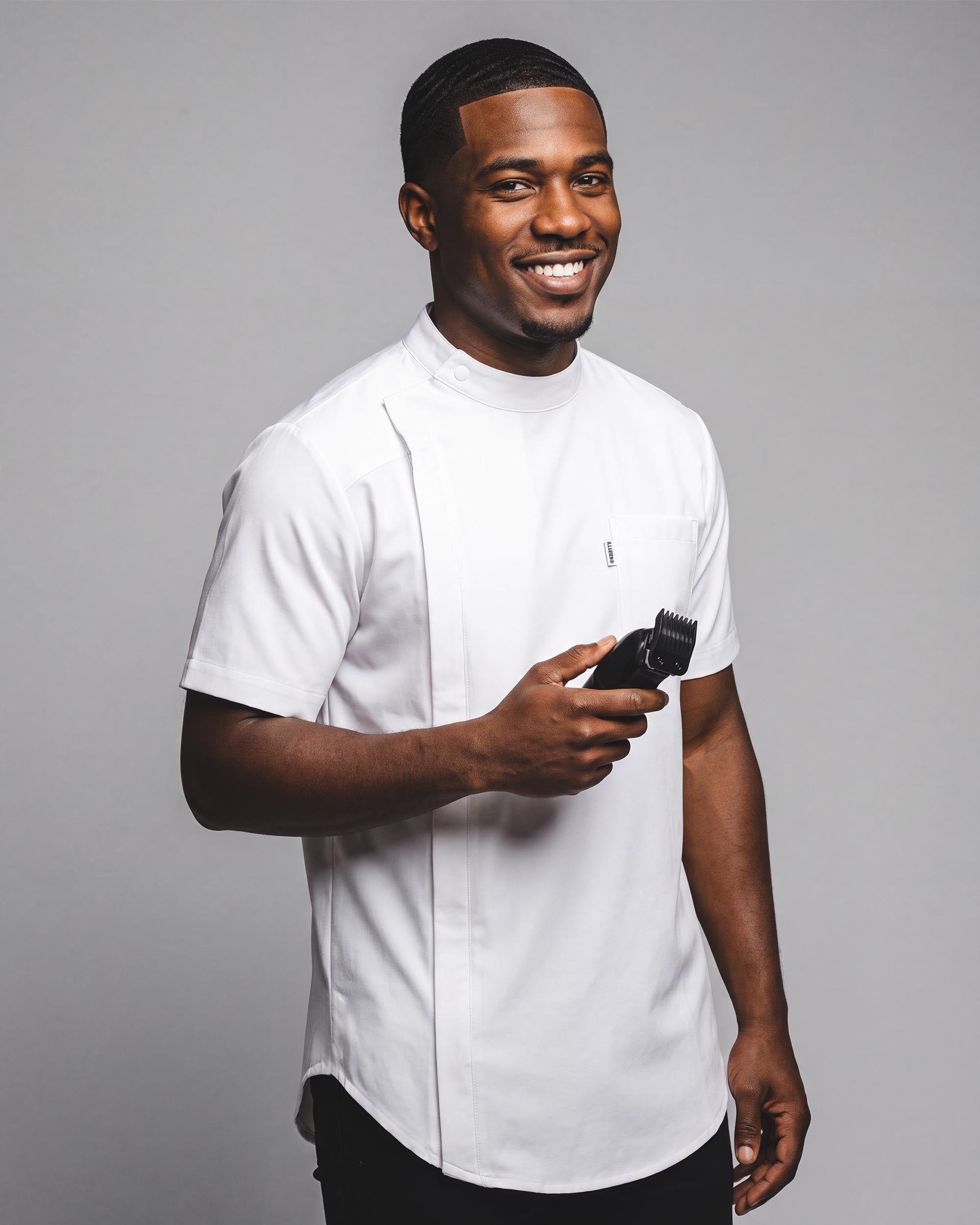 White Scoop Bottom Barber Smock - front