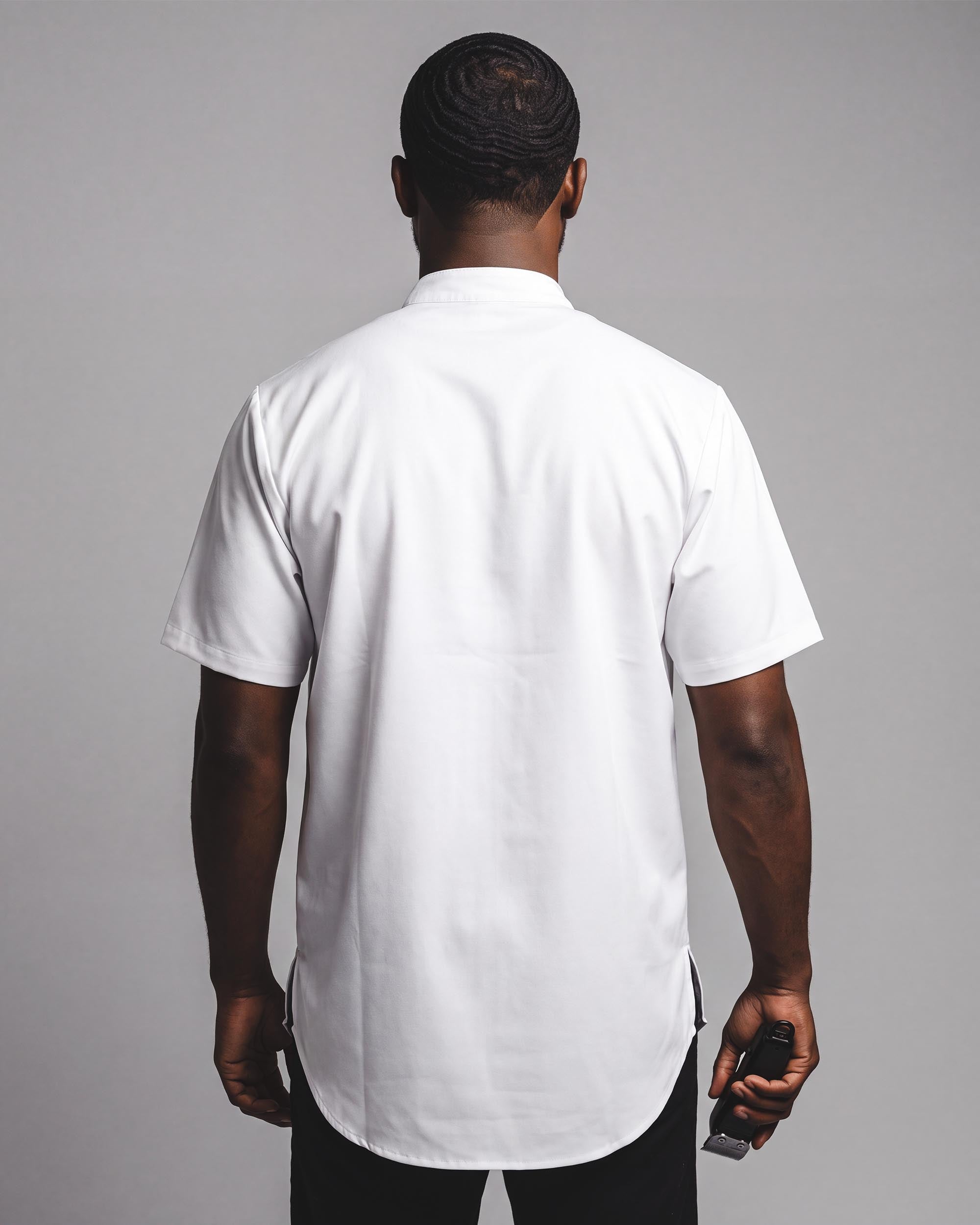 White Scoop Bottom Barber Smock - back