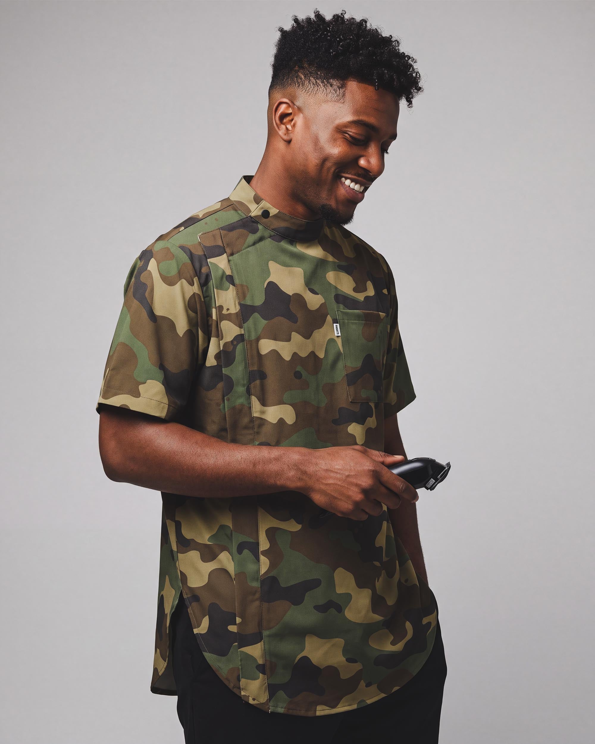 Woodland Camo Scoop Bottom Barber Smock - front