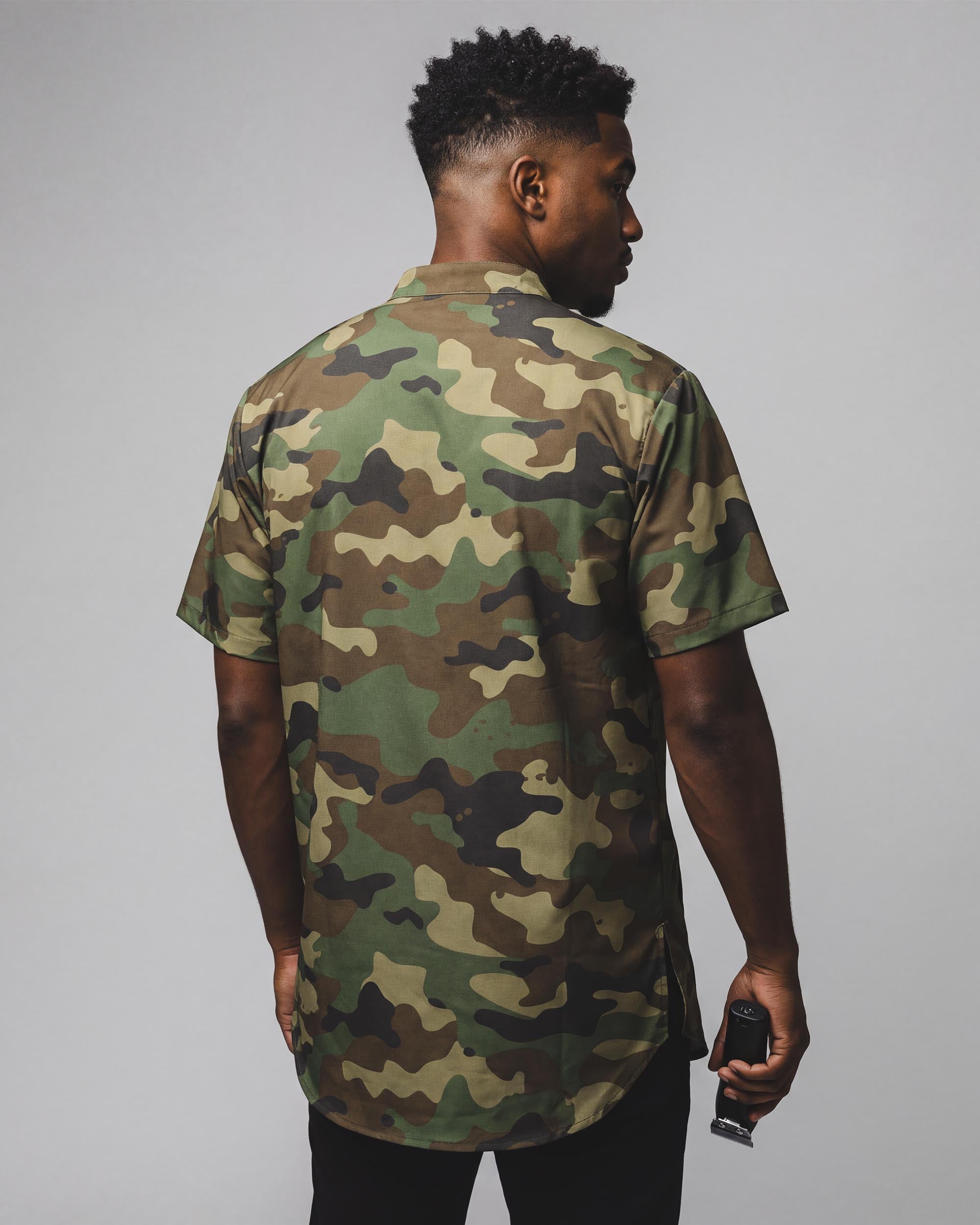 Woodland Camo Scoop Bottom Barber Smock - back